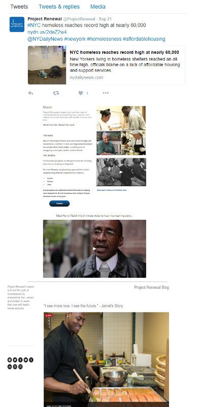 Project Renewal tells the same story differently on Twitter than on their website or their blog, but the message of helping the homeless remains the same.