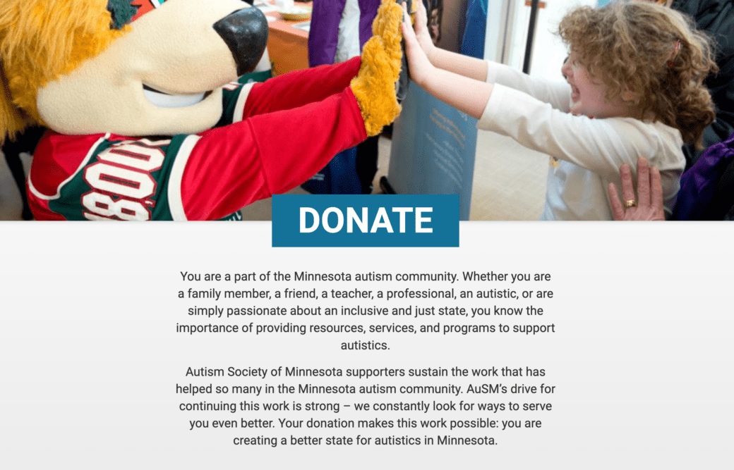 The Autism Society of Minnesota's donation page example, which features a large image of a child high-fiving a mascot.