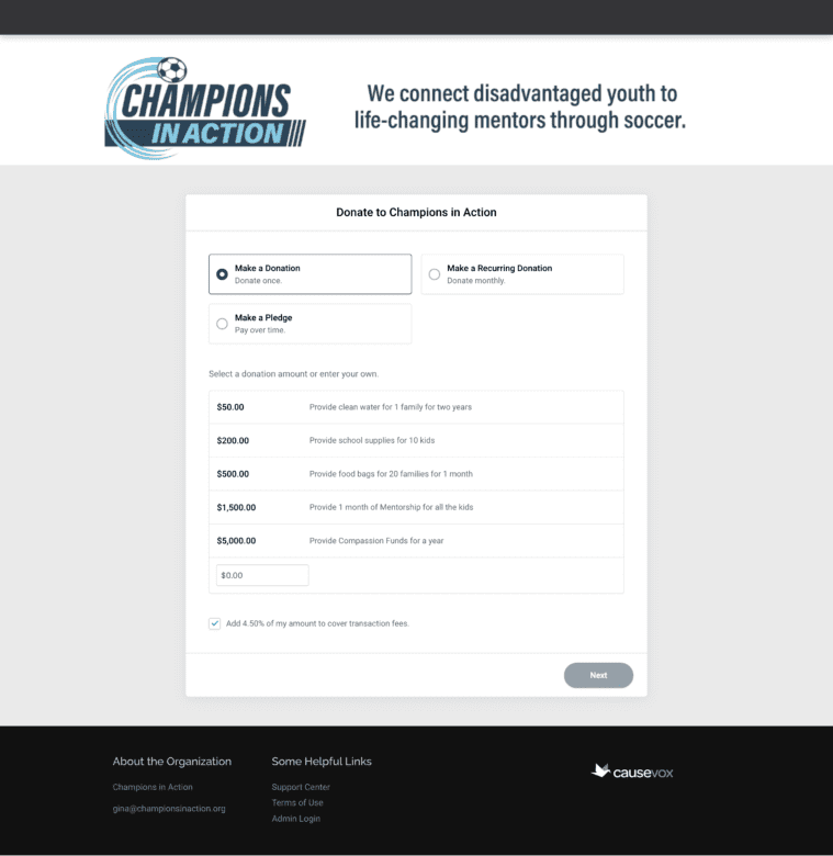 The donation form for Champions in Action includes their tagline, logo, donation tiers, and multiple donation options including monthly and pledge.