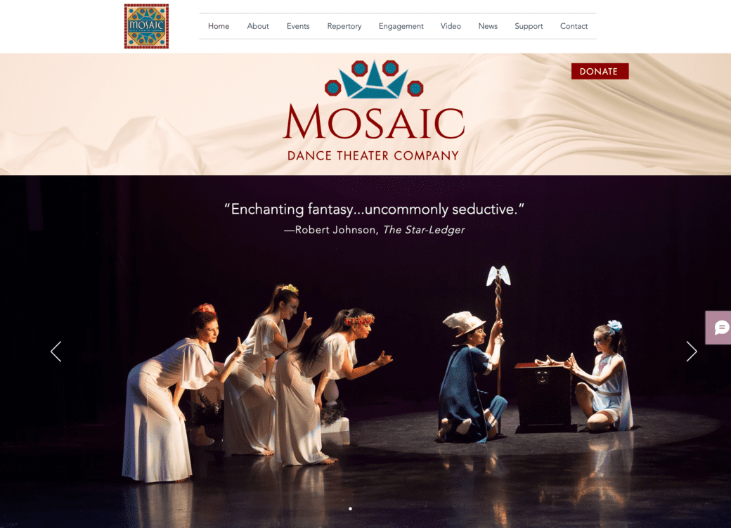 Mosaic Dance Theater Company's home page. Their donate button is set apart from the rest of their menu items, and is larger. It's also a bold red.
