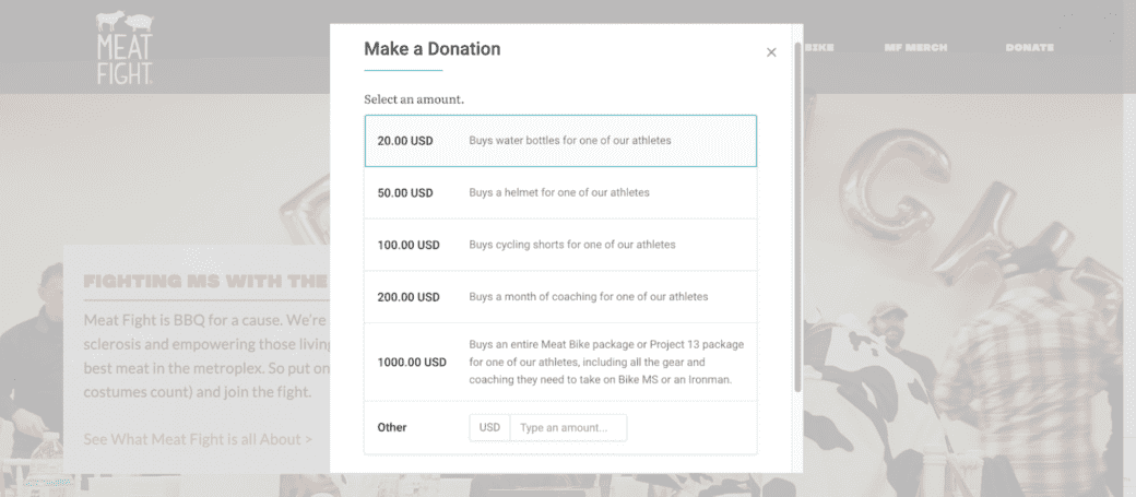 Meat Fight's donation page features multiple donation tiers. Each one lists an impact and shares how the donation will be used for their athletes, with examples like "Buys a helmet for one of our athletes."