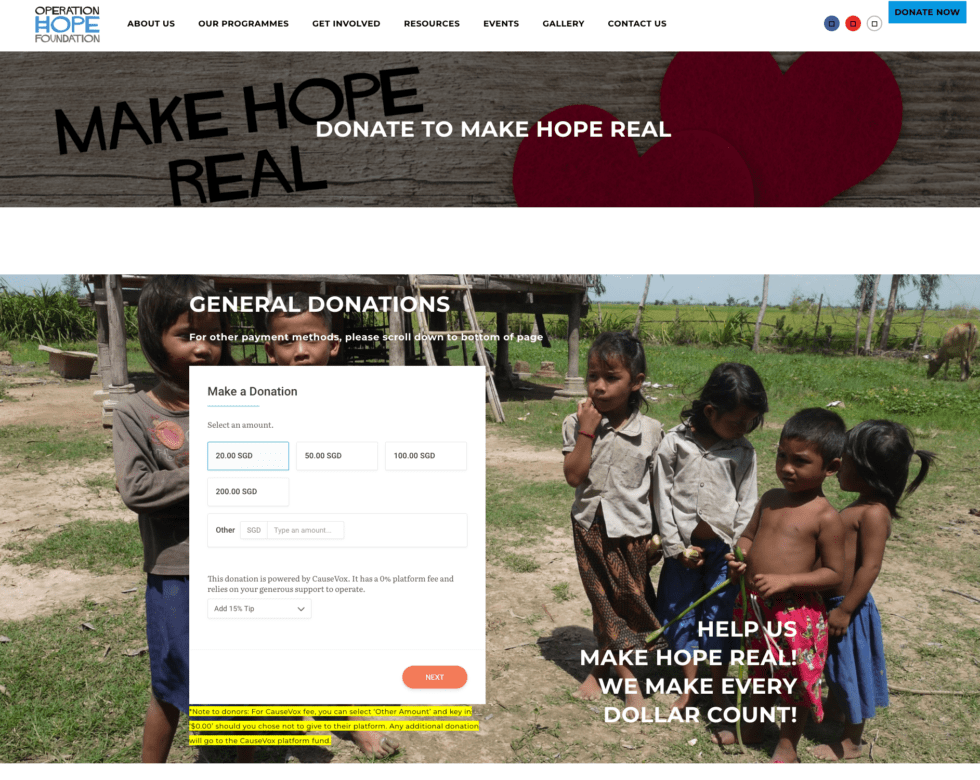 A screenshot of Operation Hope Foundation's donation page example. The background is a photo of a group of children.
