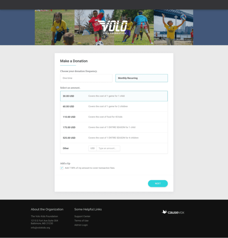 Volo Kids Foundation's donation page features a header with images from their programs and their logo.