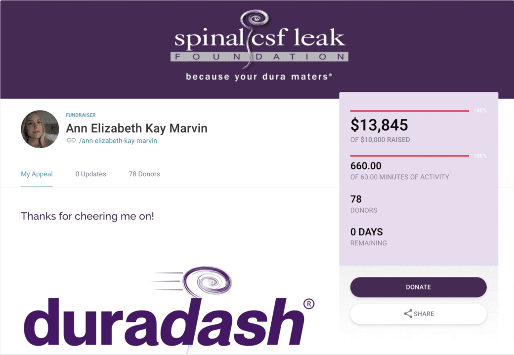 A screenshot of an individual's fundraising page from the Spinal CSF Leak Foundation's DuraDash campaign.