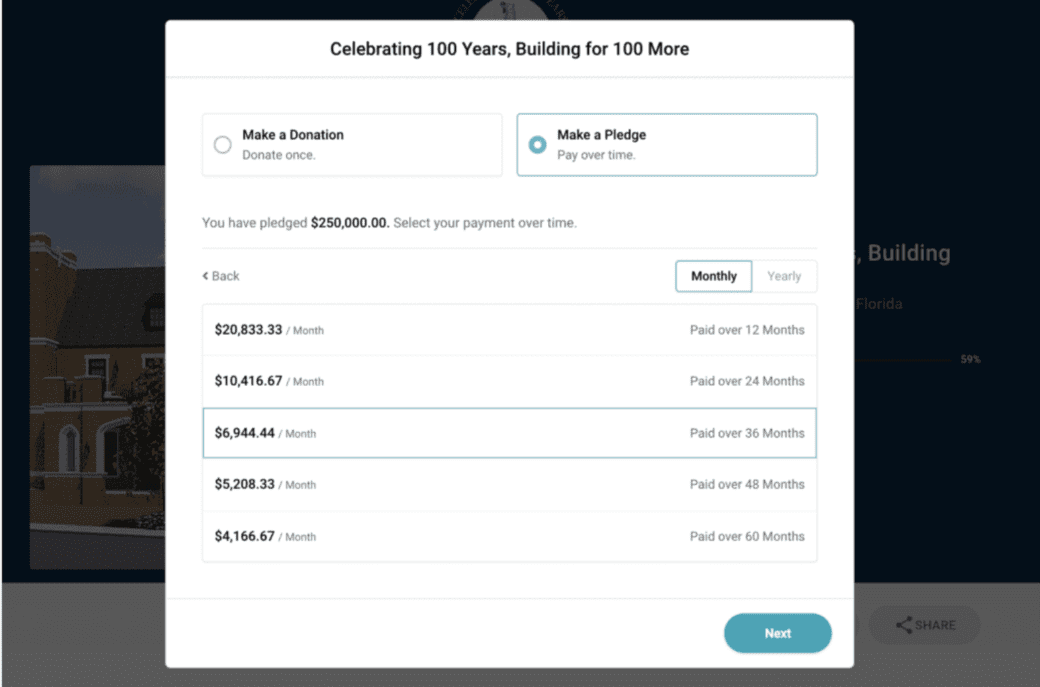 A pledge now, pay later donation form from a capital campaign titled "Celebrating 100 Years, Building 100 More". Gift amounts are listed together with time frames for paying the pledge.