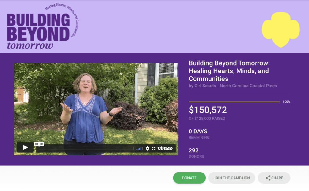 A screenshot of the Building Beyond Tomorrow crowdfunding campaign. 292 donors are listed to help reach the goal of $125,000.