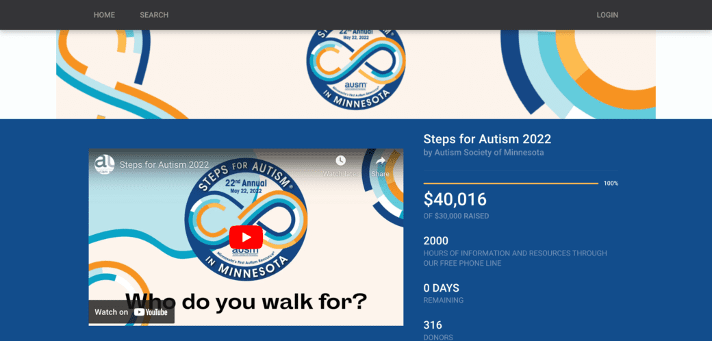 A screenshot of the Steps for Autism CauseVox page, featuring bright swirls. They have surpassed their goal.