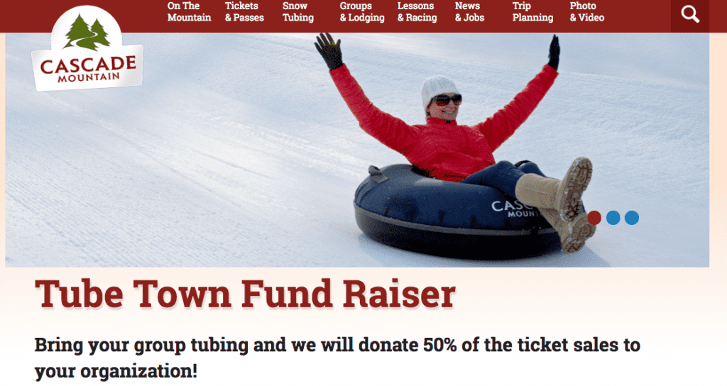 Screenshot of the Tube Town Fund Raiser page of Cascade Mountain's website.