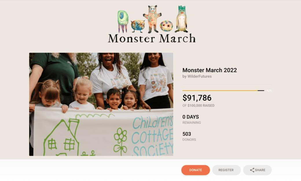 Screenshot of the Monster March 2022 fundraiser