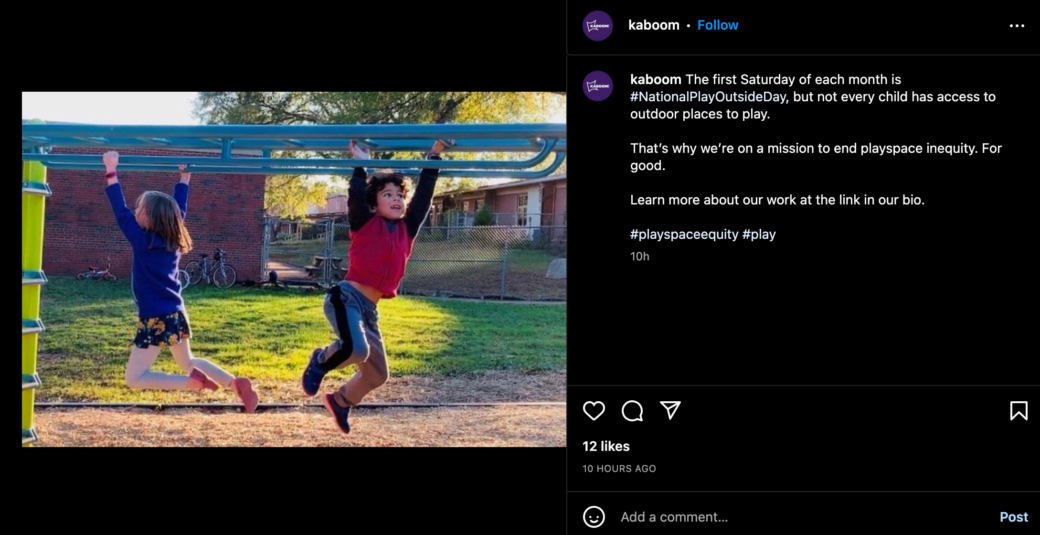 A post from Kaboom! of two children swinging on monkey bars