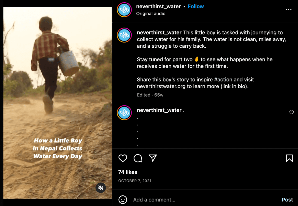 A screenshot of a video from Neverthirst showing how one boy in Nepal collects water each day