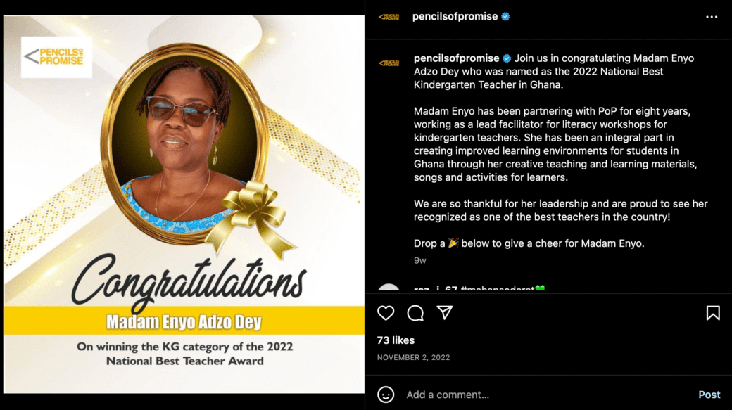 A graphic from Pencils of Promise saying Congratulations Madam Enyo Adzo Dey on winning the KG category of the 2022 National Best Teacher Award. There is a headshot of Madam Enyo Adzo Dey