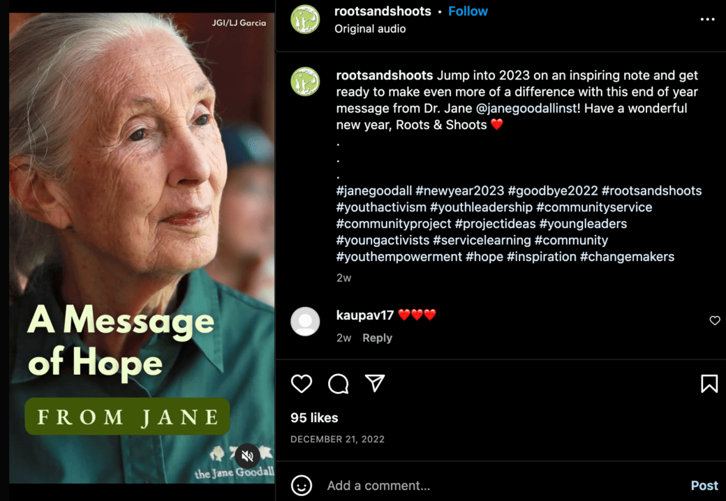 A screenshot of a video from Roots and Shoots with an image of Jane Goodall and the title "A message of hope from Jane."