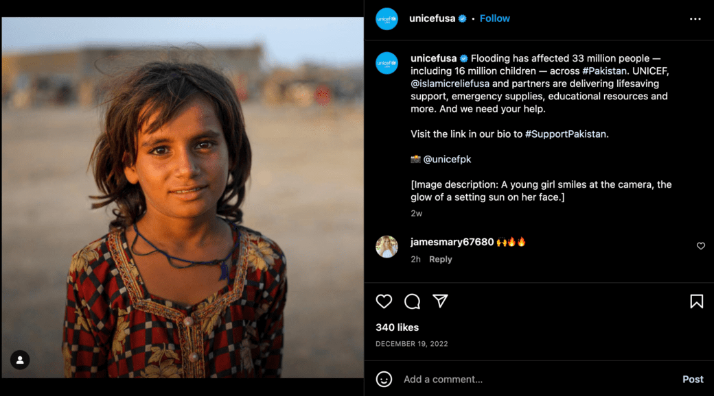 A post from Unicef featuring a photo of a young Pakistani girl looking directly at the camera.