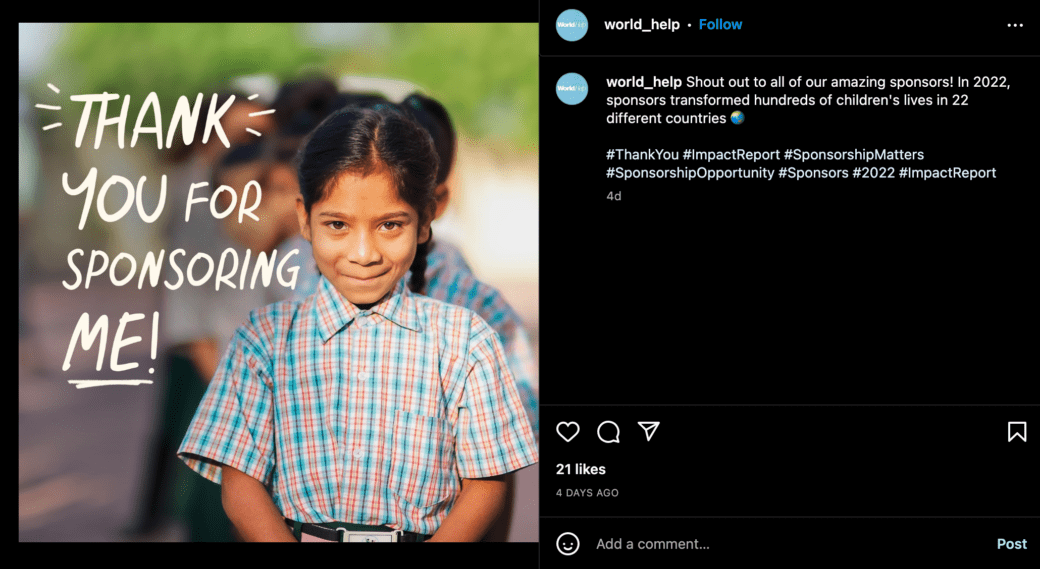 A screenshot of a post from World Help with a photo of a smiling young girl and the text "Thank you for sponsoring me!"