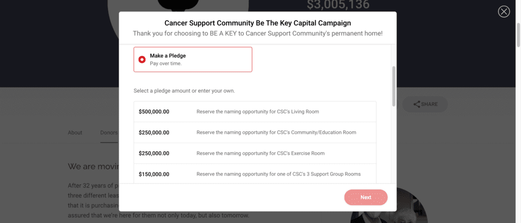 A screenshot from Cancer Support Community Pasadena's fundraiser "Be the Key capital Campaign." It shows the donation form. "Make a pledge" has been selected, and includes amounts ranging up to $500,000.
