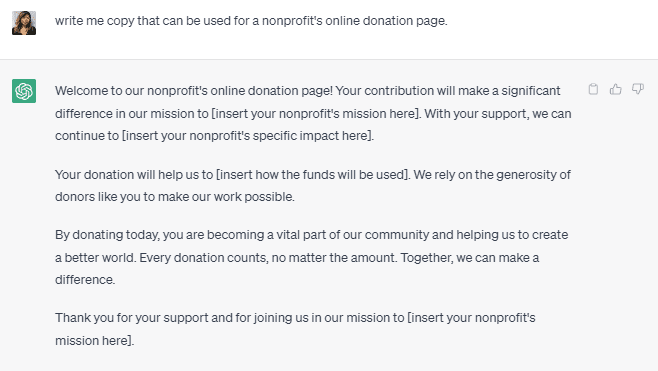 ChatGPT Donation Page Copy Example